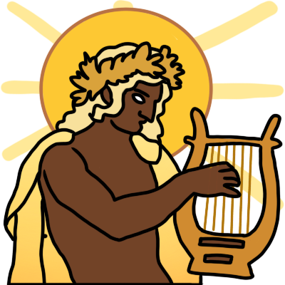 Apollo depicted with brown skin and everything else golden: curly long hair, a laurel wreath and cloak, sun disk around his head, and holding a lyre.